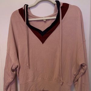 pink sweater with maroon and navy v neck & hood